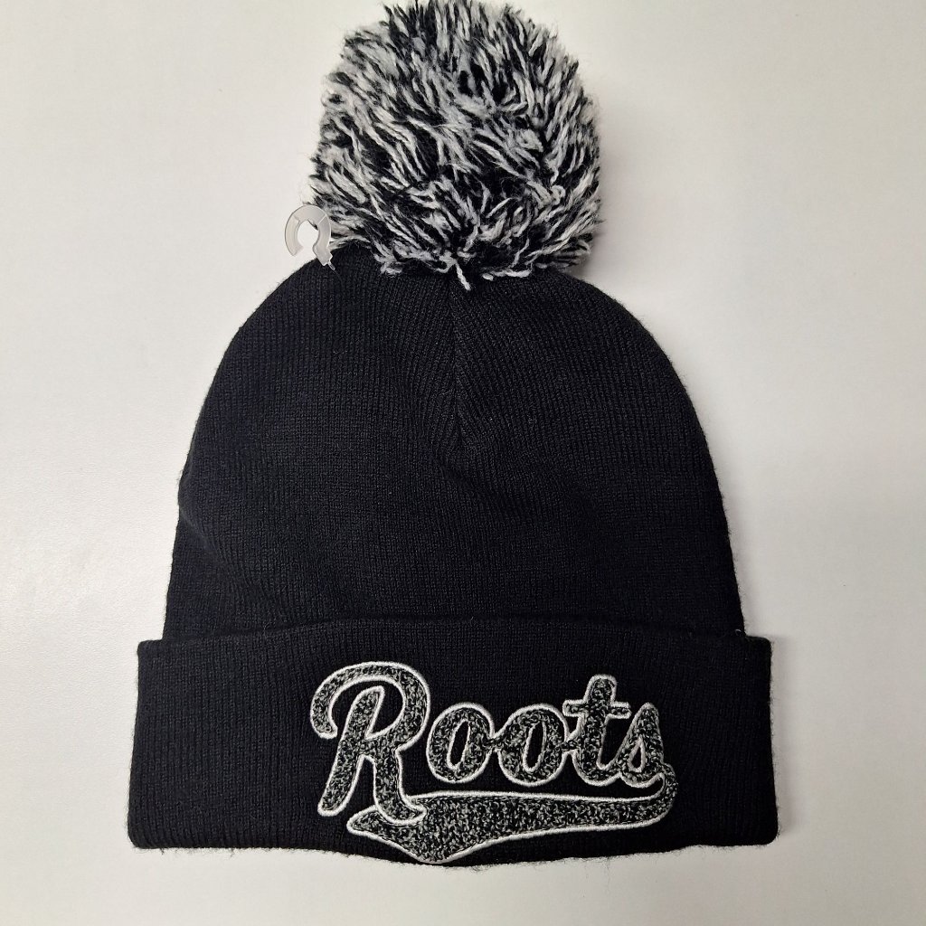 Roots Black Knit Beanie With Pom Gray Winter Chook Canada Snow Ski Cap Boarder